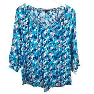 Dora Landa Abstract Geometric Silk Blouse Blue